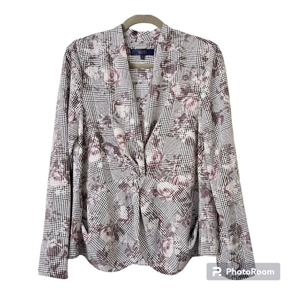 Rachel Roy Top Blouse Womens Sz 8 Career Flattering V-Neck Twisted Grey Plaid - Picture 4 of 9